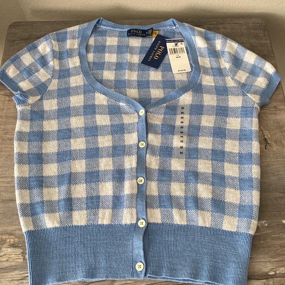 Polo Ralph Lauren Baby Blue/White Short-Sleeve Checkered Sweater M, NWT - Picture 8 of 10